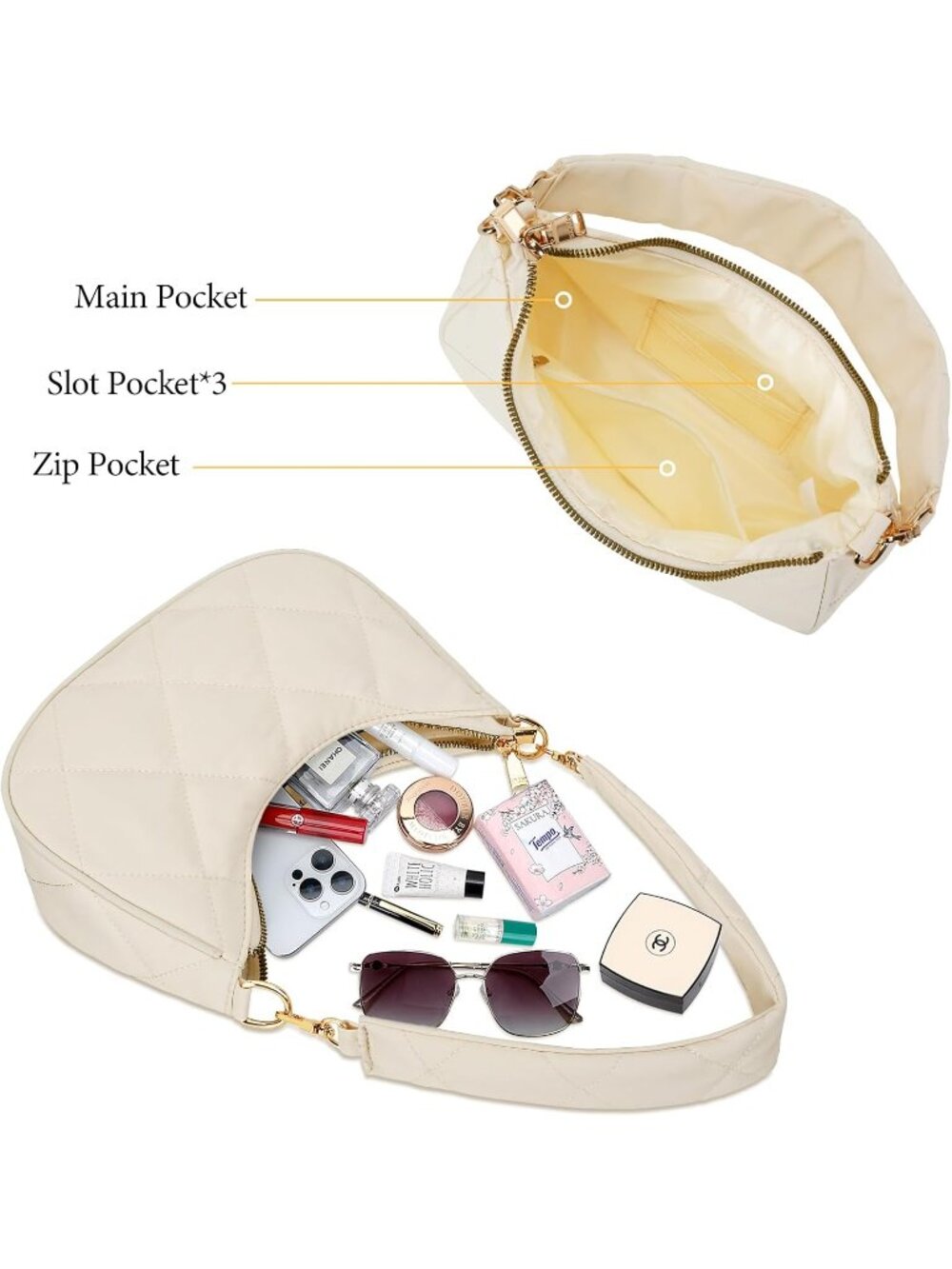 Women's Bags Beige Cute Hobo Shoulder Handbags Retro Clutch Stylish Purse - Picture 5 of 6